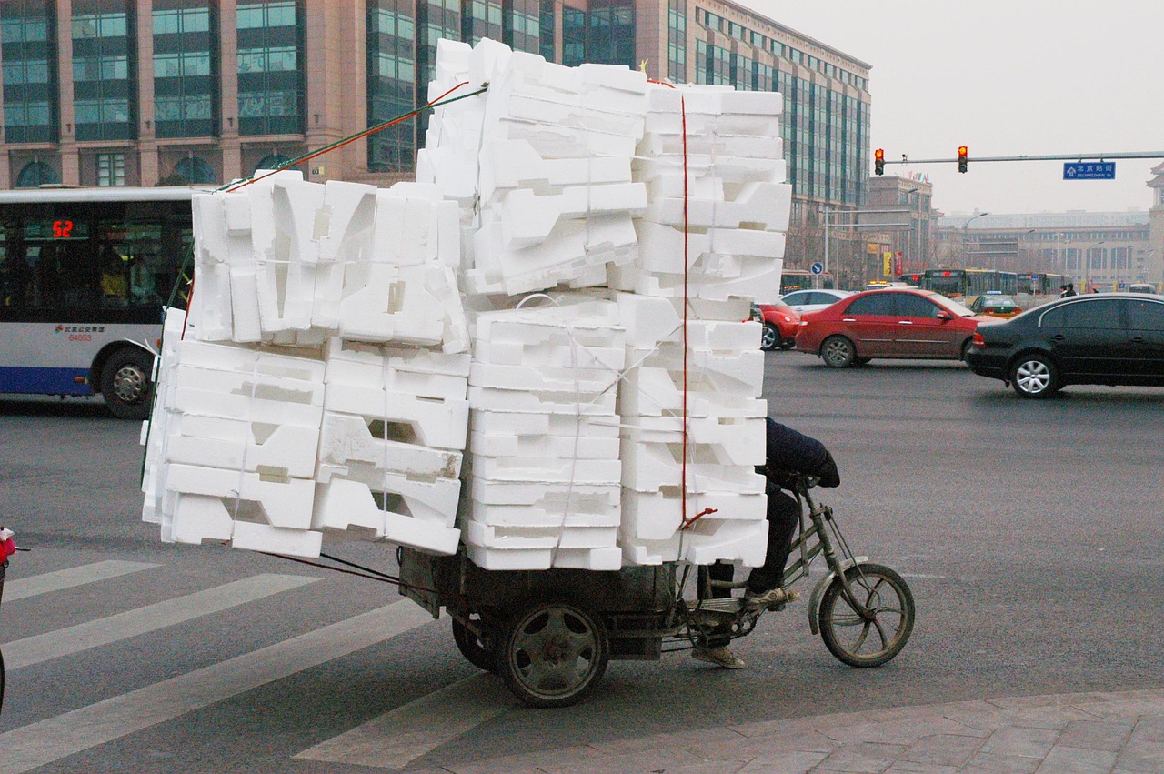 tricycle, cargo, carrier, transport, transportation, pedicab, pedal rickshaw, thermocol, bulky, street, thermocol, thermocol, thermocol, thermocol, thermocol, bulky