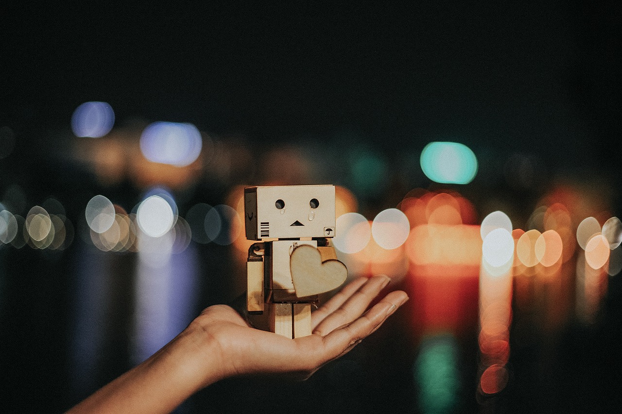 hand, palm, box, cardboard, danbo, character, sad, dark, night, lights