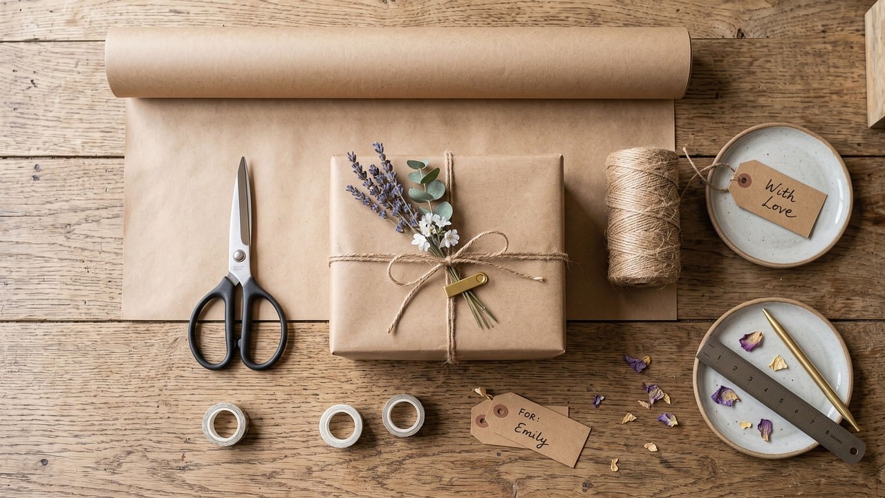 gift, wrapping, paper, rustic, scissors, twine, bouquet, cardboard, rustic decoration, tagging, wooden table, lavender, kitchenware, craft, scandinavian, eucalyptus, creativity, handmade, diy