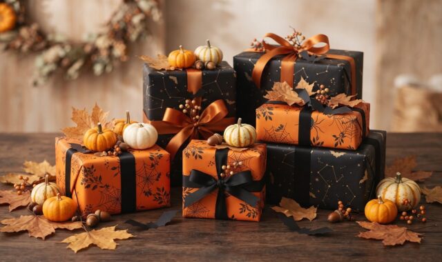 gifts, halloween, autumn, pumpkin, wrapping paper, leaves, orange, black, celebration, cozy, decoration, harvest, nature, table, autumn leaves, maple leaves, ribbon, wooden surface, fall decor, seasonal, fern
