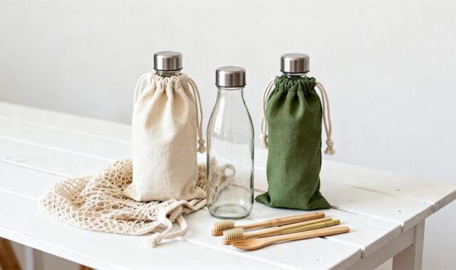 eco-friendly, cloth bag, wooden toothbrushes, glass bottle, zero waste, white wooden table, reusable products, sustainability, natural products, cloth net bag, minimalist, sustainable materials, eco dishes, eco bathroom, healthy lifestyle, environment, eco beverage, room, environmentally friendly, clean design