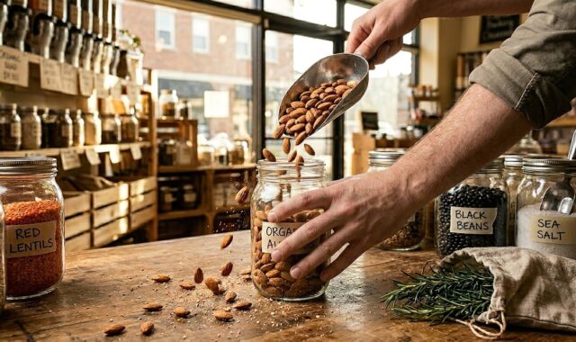 refilling, jar, almonds, store, bulk, eco-friendly, organic, sustainable, zero-waste, lifestyle, environment, shopping, loading, grocery, rosemary, preservation, sign, counter, closure