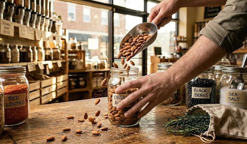 refilling, jar, almonds, store, bulk, eco-friendly, organic, sustainable, zero-waste, lifestyle, environment, shopping, loading, grocery, rosemary, preservation, sign, counter, closure