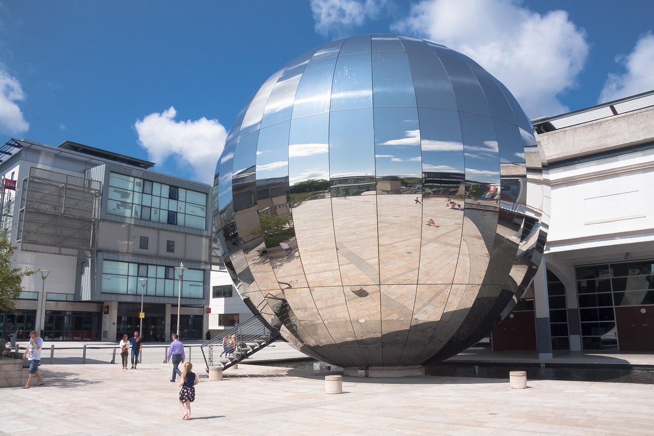 bristol, planetarium, millennium square, glass, aluminum, mirrors, glittering, metal, nature, reflection, bullet, houses, urban, modern, clouds, sunny, blue, heaven, architecture, art